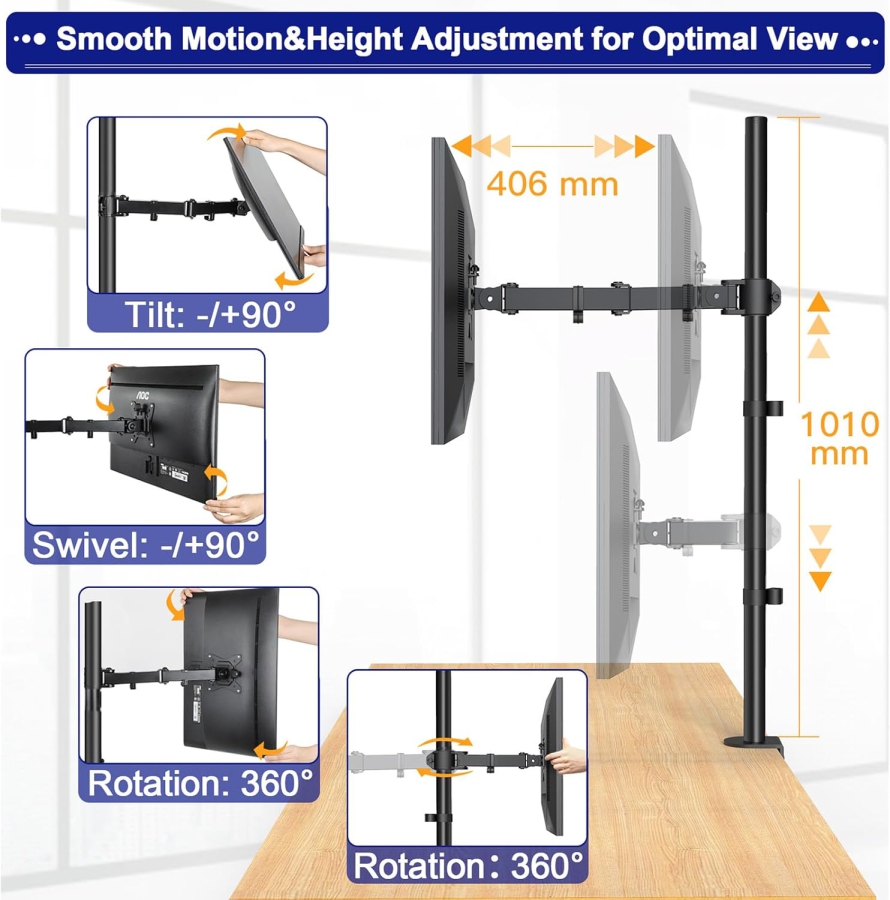 HUANUO Monitor Arm - 1 Monitor - [13–32"] - Extra-High 101cm Column / up to 10kg (Ergonomic Solution for Sit-Stand Workstations: 1010 mm Pole for Flexible Height Adjustment up to 10 kg)